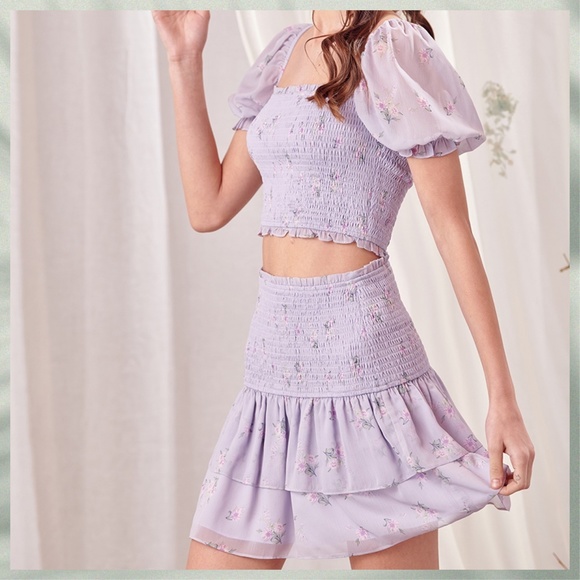 📌 STORIA Smocked Bodice Crop Top & Skirt Chiffon Sleeves & Double Ruffled Skirt - Picture 7 of 16
